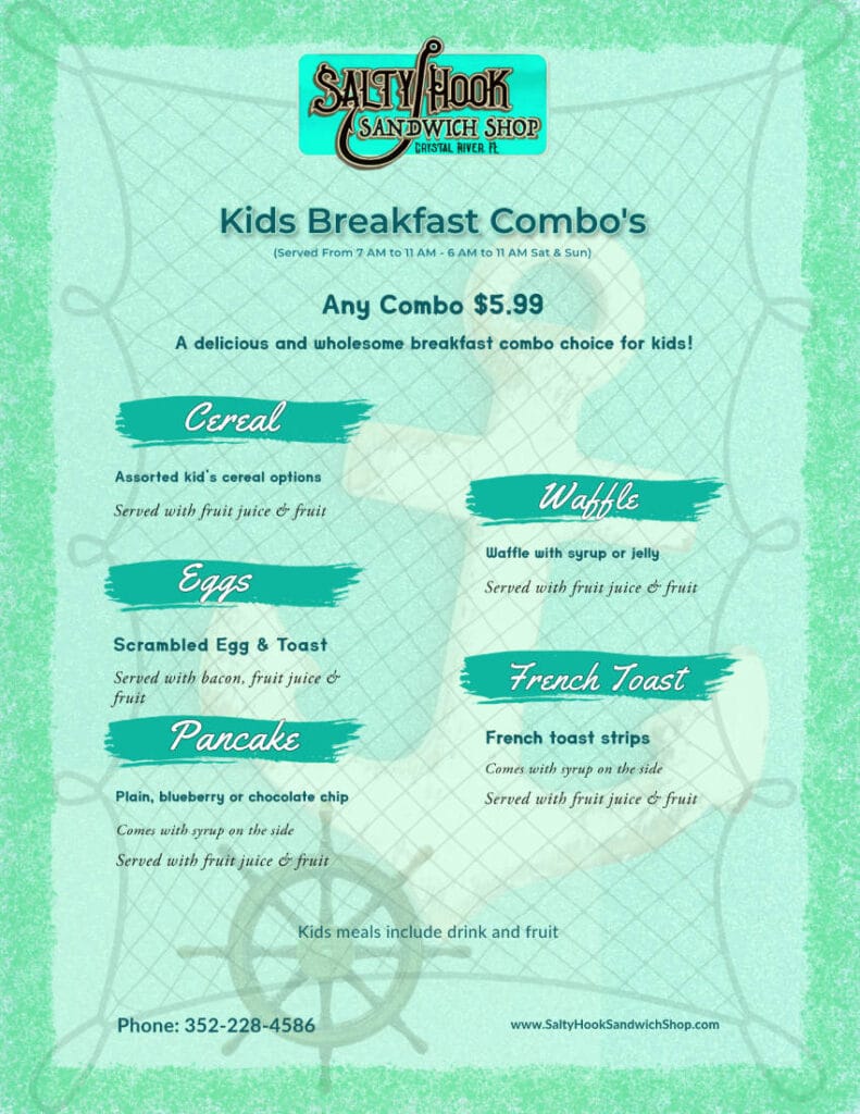 Salty Hook Sandwich Shop kids breakfast menu