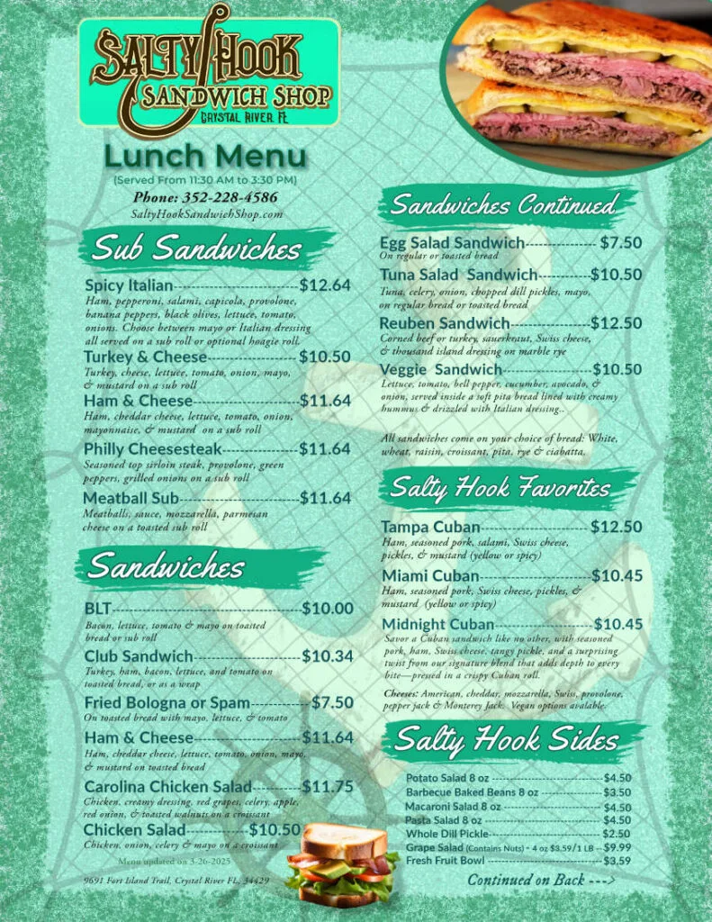 Salty hook lunch menu front page Crystal River FL