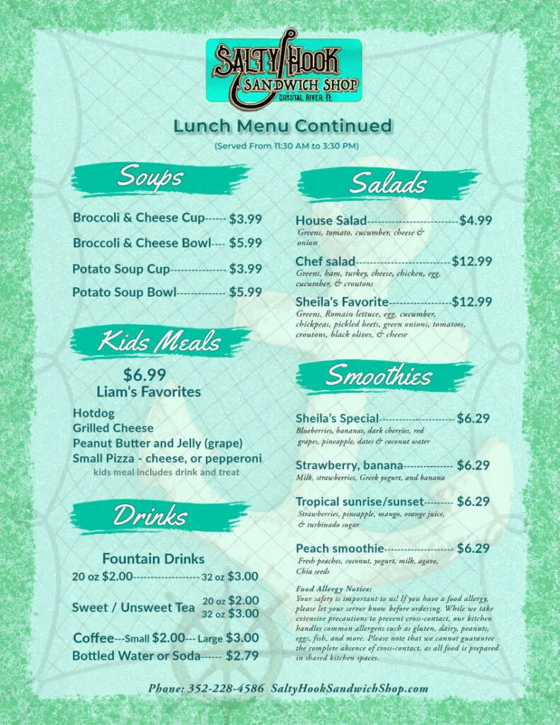 Salty Hook Sandwich Shop lunch menus with kids menu - crystal river