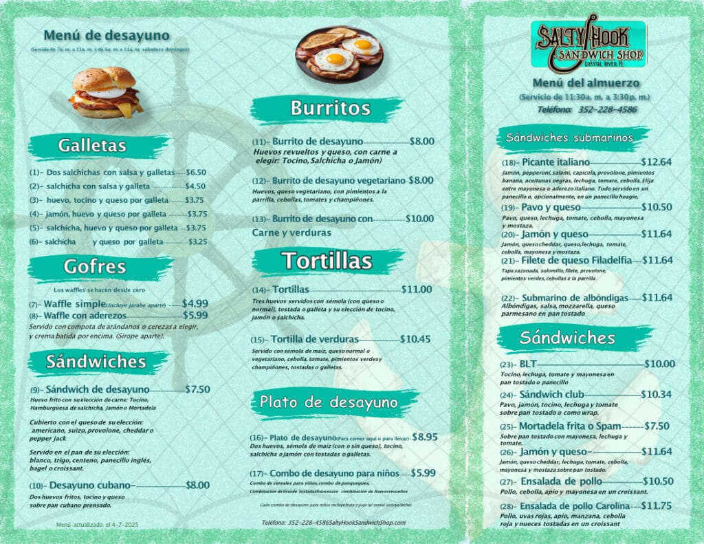 Menú de desayuno y almuerzo de salty hook sandwich shop crystal river Florida