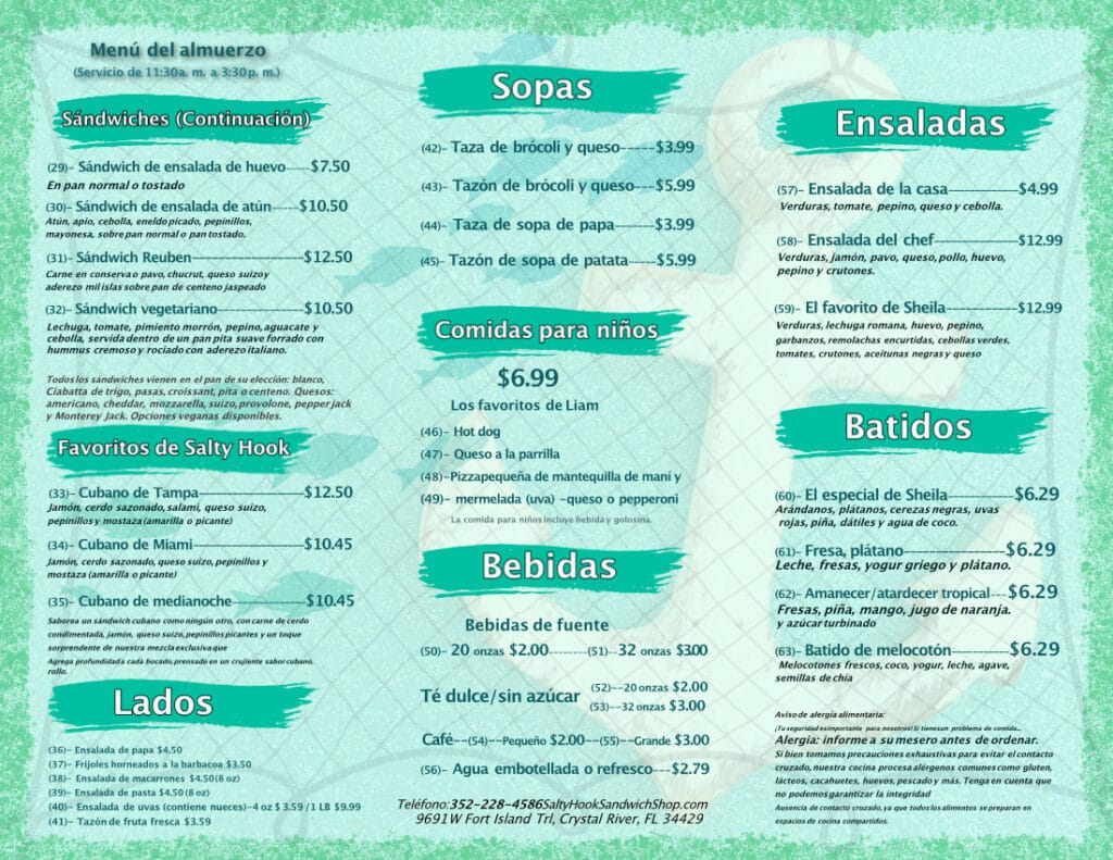 Menú de desayuno y almuerzo de salty hook sandwich shop crystal river Florida